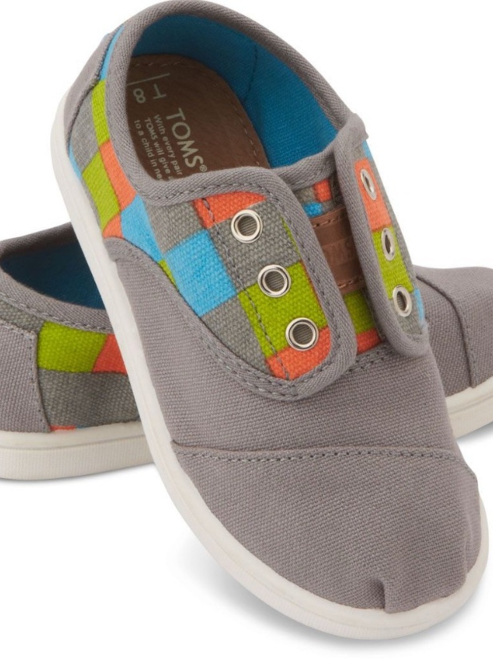 TOMS Kids Gray Canvas Slip-On Sneakers with Orange, Blue & Lime Accents